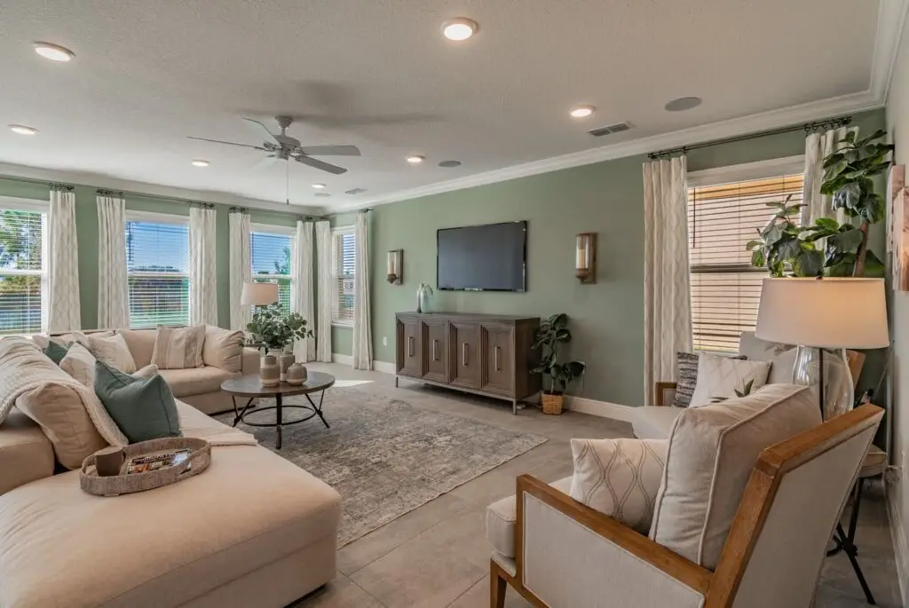 Modern living room with green walls and cozy furniture.